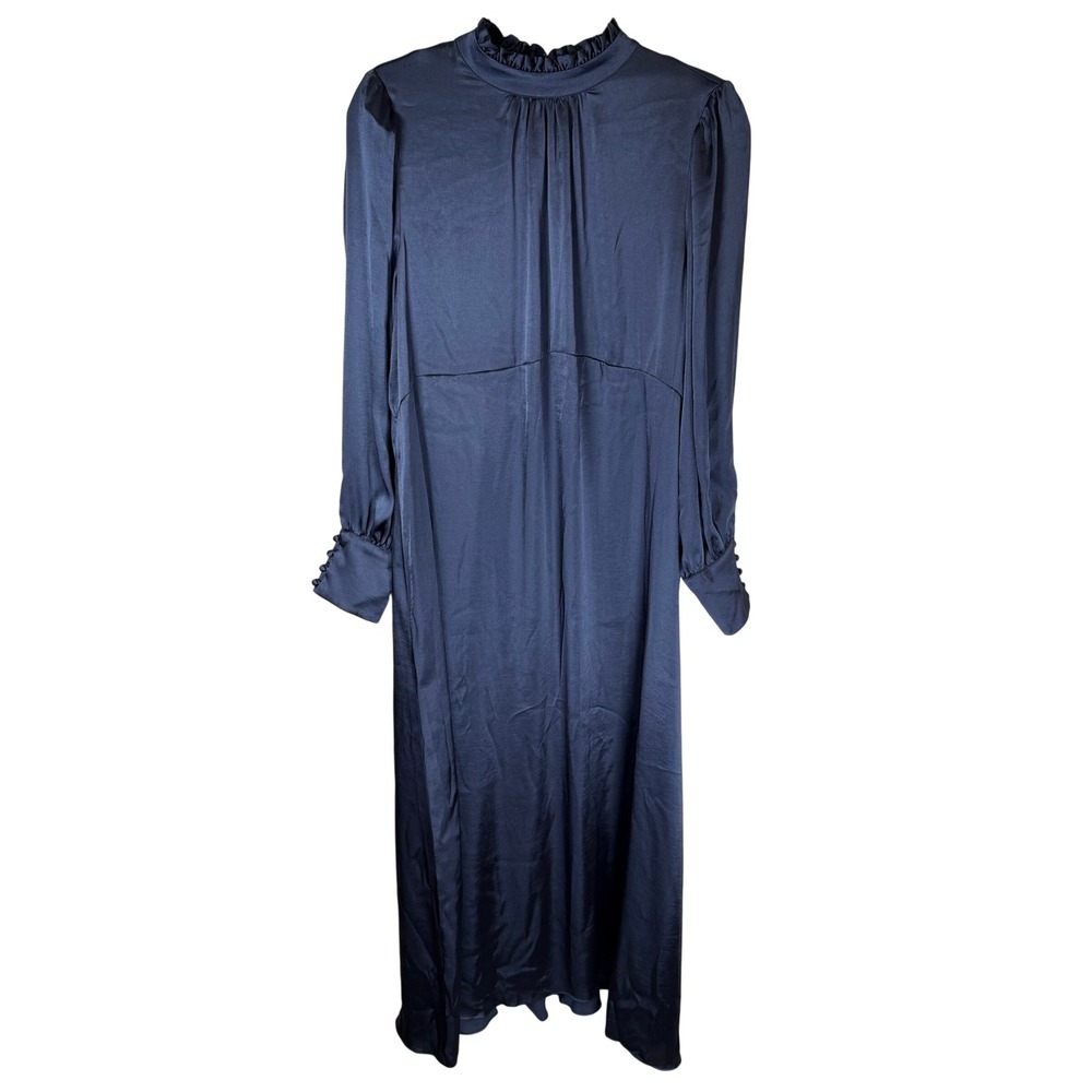 Hatch The Robin Dress Azure Blue Satin Ruffle Mock Neck Midi Maternity 4 NWT